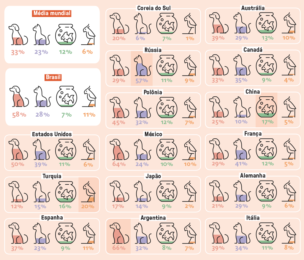 SI_441_ORCL_Grafico Gráfico mostrando a porcentagem de cachorros, gatos, peixes e pássaros em 16 países.