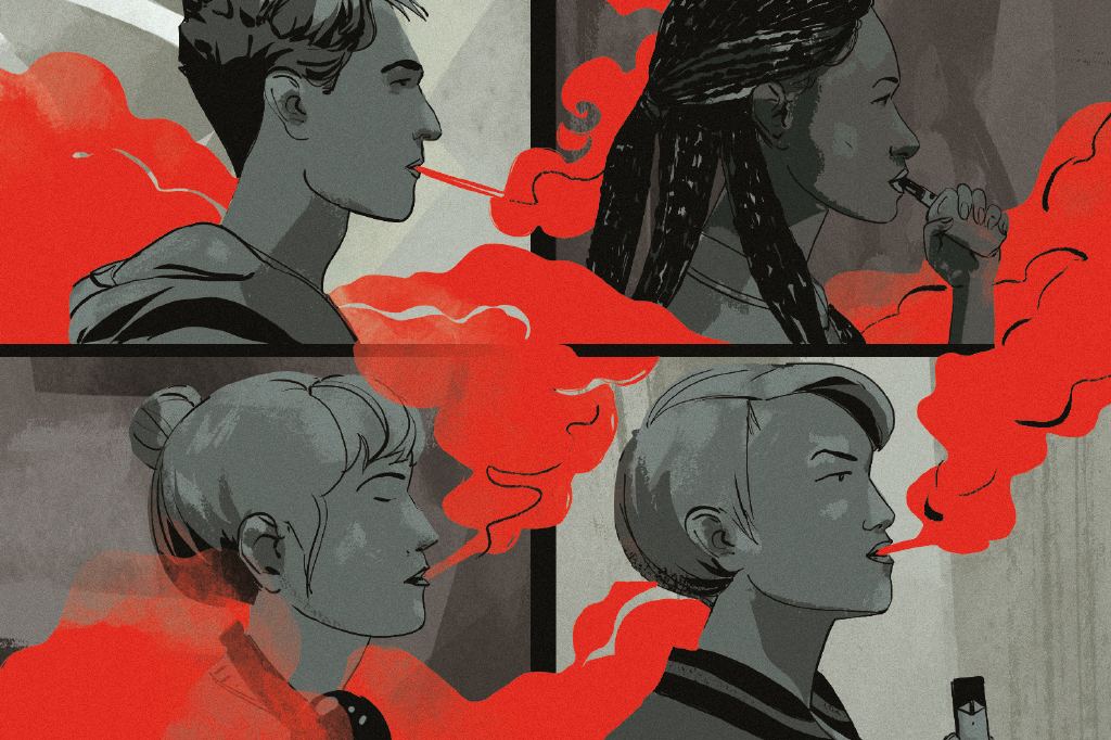 SI_441_Vapes2 Ilustrações de pessoas jovens, com diferentes características físicas, fumando cigarro eletrônico, de perfil.