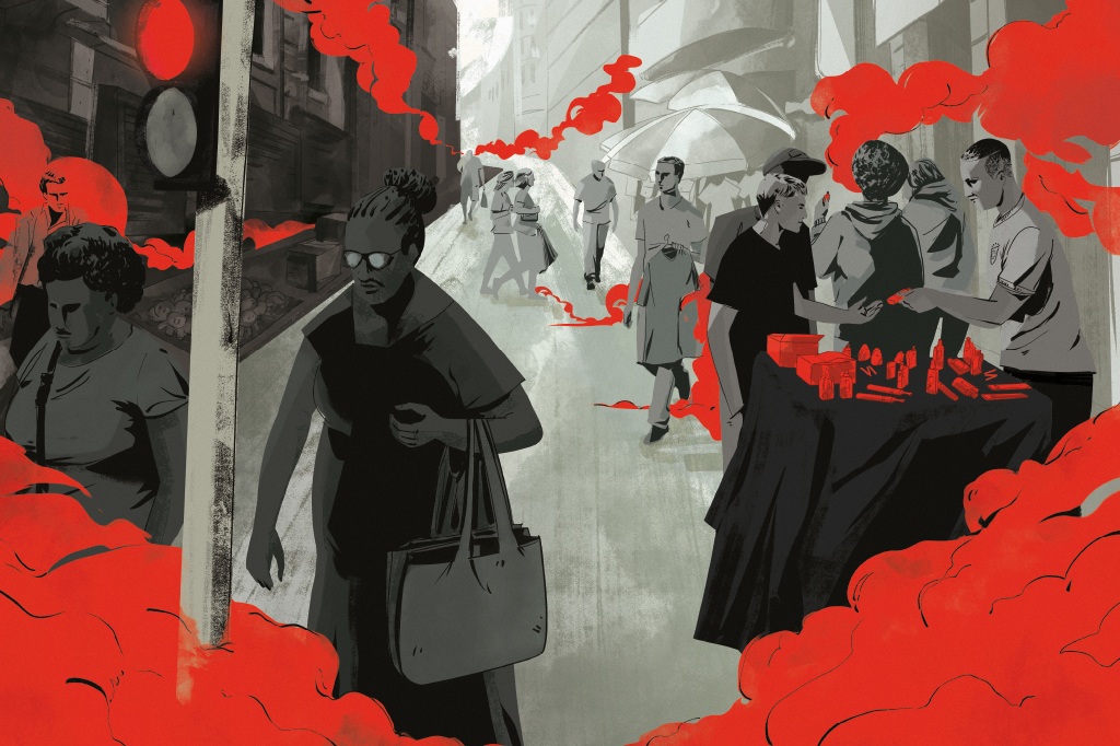 Ilustração de uma cena urbana: rua movimentada, pessoas passando, fumaça entre elas. Em um canto, há um grupo de jovens manipulando e vendendo vapes ilegalmente.