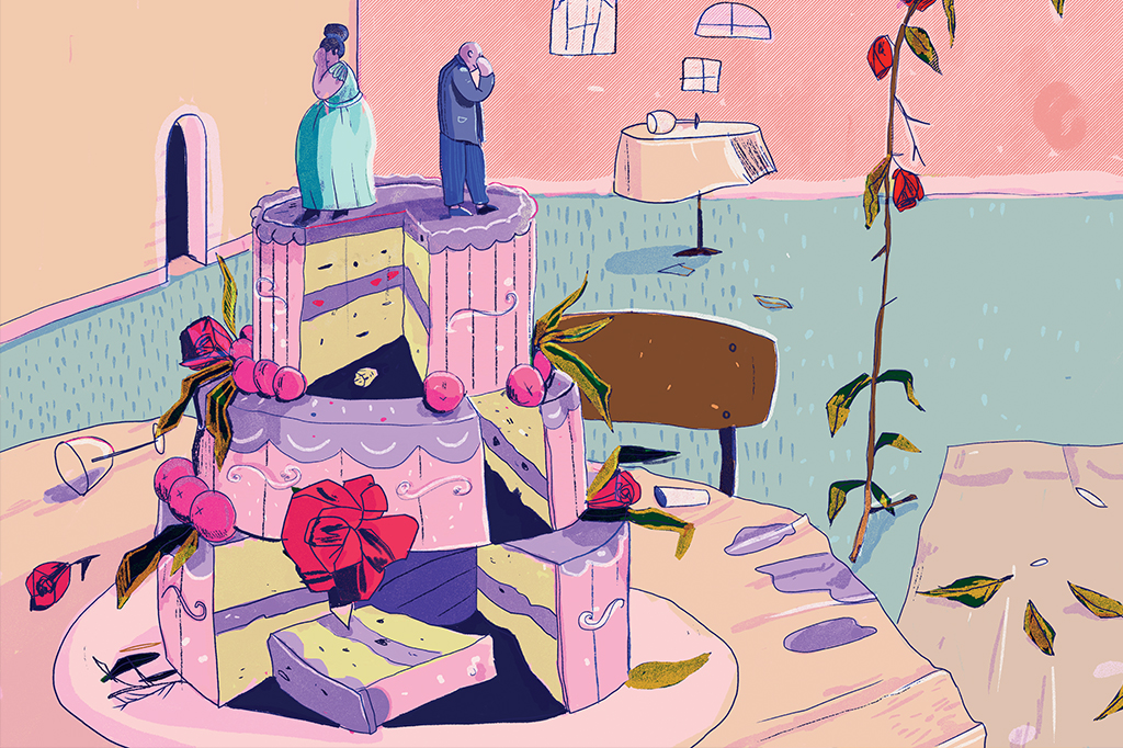 Ilustração de bolo de casamento com os bonequinhos de noiva e noivo separados.