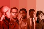 Montagem com personagens das s&eacute;ries Curb Your Enthusiasm, Master Of None, Atlanta, True Detective e Sherlock em um fundo com tons de vermelho.