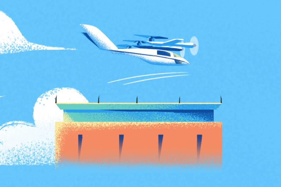 Vai at&eacute; um vertiport, um &ldquo;aeroporto&rdquo; de eVTOLs, onde h&aacute; um esperando por voc&ecirc;.