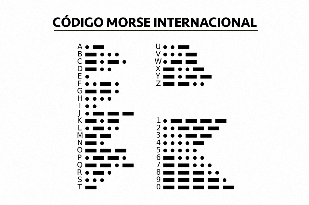 Tabela informativa com o código morse para cada caractere (letras e números).