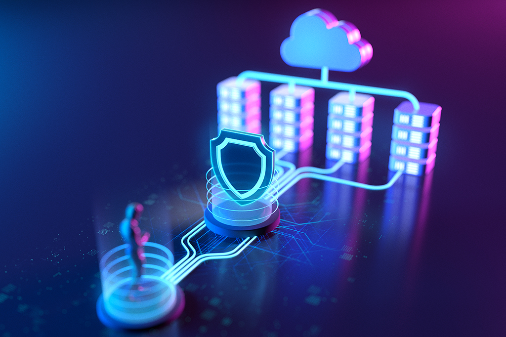 Ilustração 3D de uma pessoa, um escudo (representando a VPN) e uma nuvem, ligados por cabos.