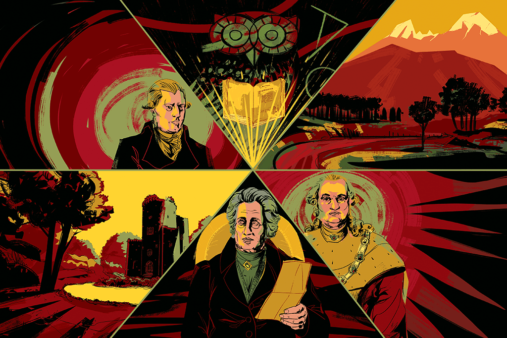 SI_445_Illuminati_02 Ilustração de 6 elementos dentro de triângulos: Adam Weischaupt, seu livro e a coruja de Minerva, cenário da Bavária, castelo de Wilhelmsbad, Goethe e Carlos Teodoro.