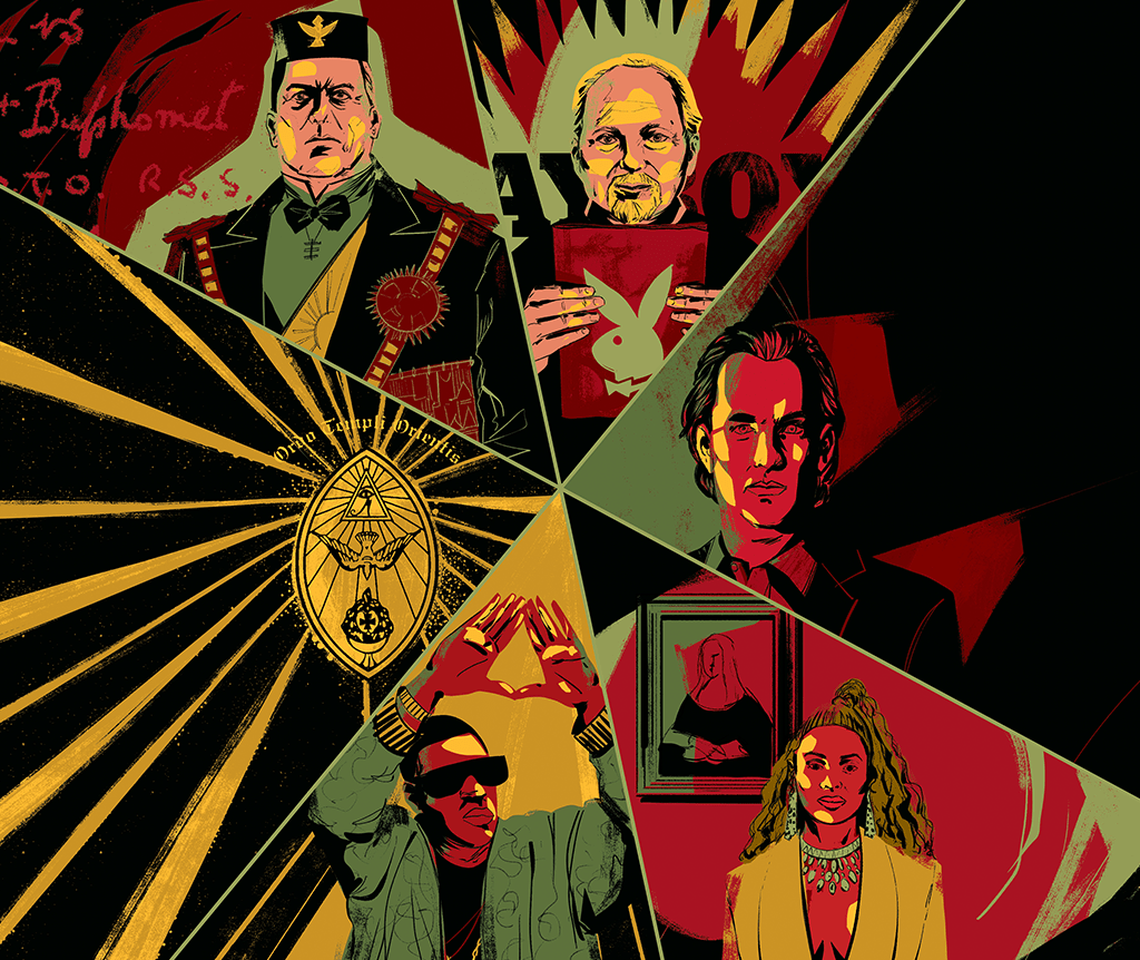 SI_445_Illuminati_04 Ilustração de 6 elementos dentro de triângulos: símbolo da Ordo Templi Orientis, retrato de Aleister Crowley, retrato de Robert Anton Wilson segurando uma revista Playboy, retrato de Tom Hanks, retrato da Beyoncé no Louvre e do Jay-Z fazendo um símbolo com as mãos.