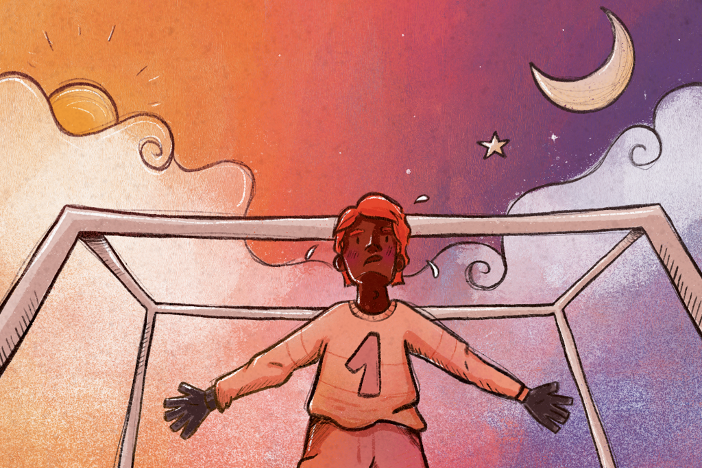 Ilustração de um goleiro na frente do gol, com os dias passando atrás dele.