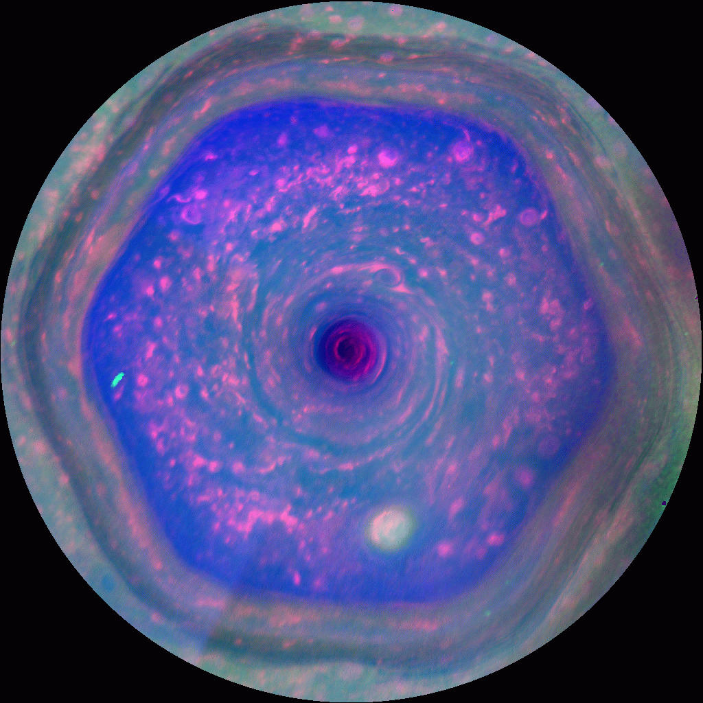 SI_saturno_gif1 Gif colorido que mostra a visão completa do polo norte de Saturno, onde consegue-se ver o hexágono e suas variações de movimento.