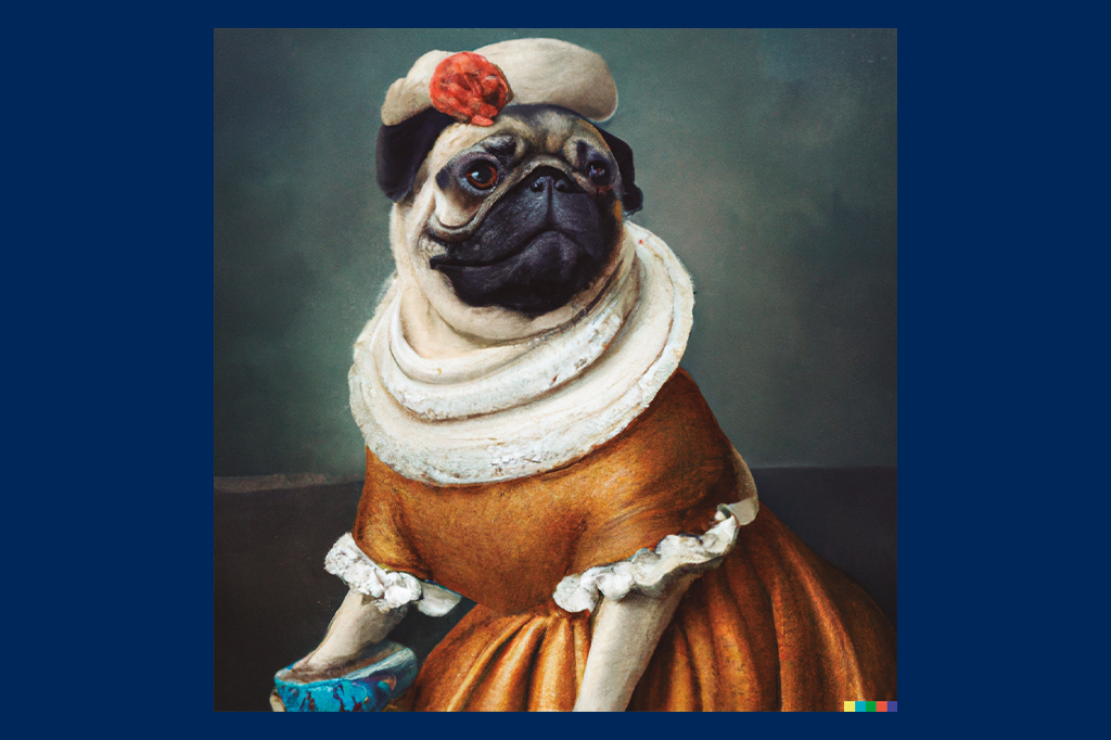 SI_447_IA_5 Ilustração de um cachorro pug aristocrata com roupas chiques.