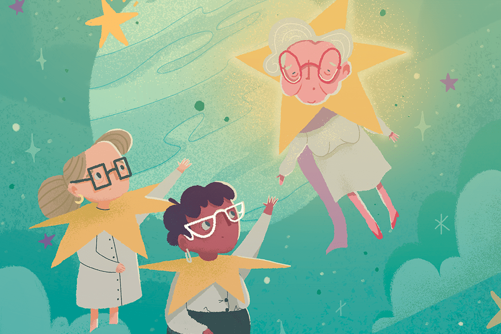 Ilustração de duas estrelas tristes vendo uma terceira estrela, bem mais velha, prestes a explodir.