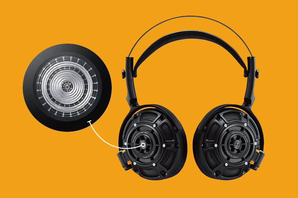 Imagem do fone com uma setinha apontando para o detalhe do auto falante.