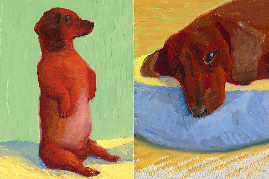 0330_retrato_caes_layout_site3 David Hockney, Dog Painting 30 a esquerda, e Dog Painting 41 a direita; ambos 1995