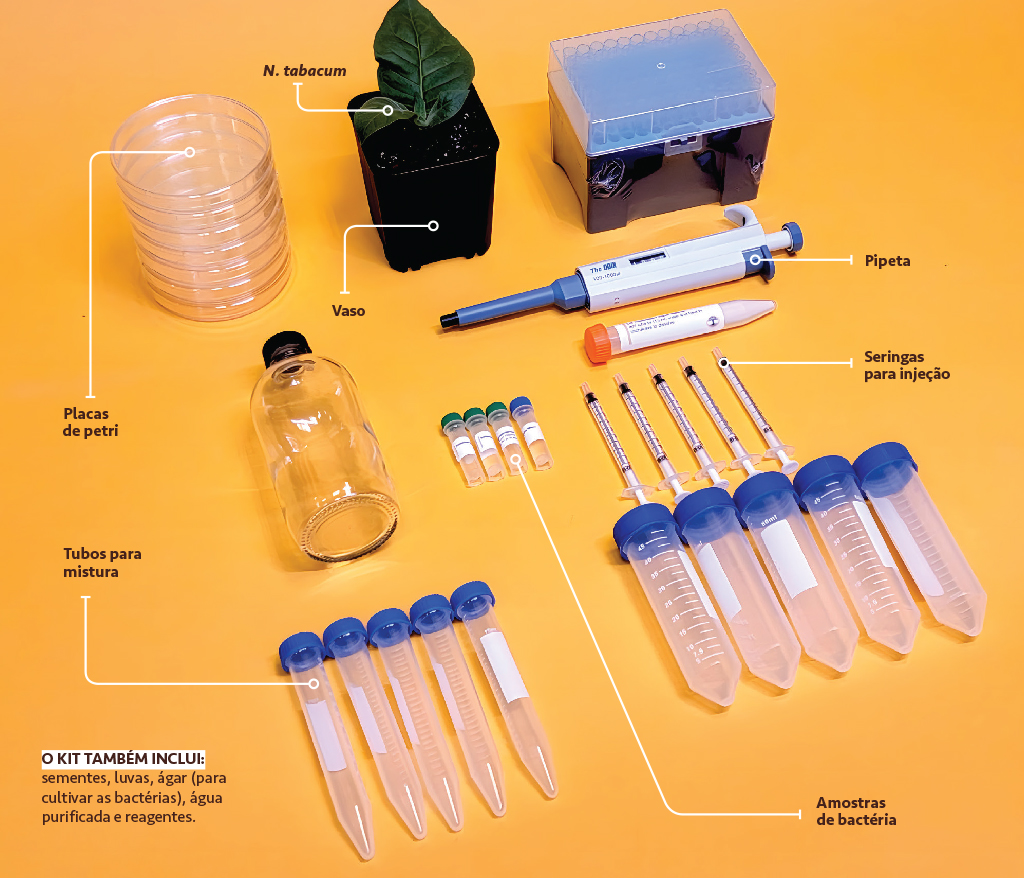 Foto do kit com legendas para cada equipamento que o compoe.