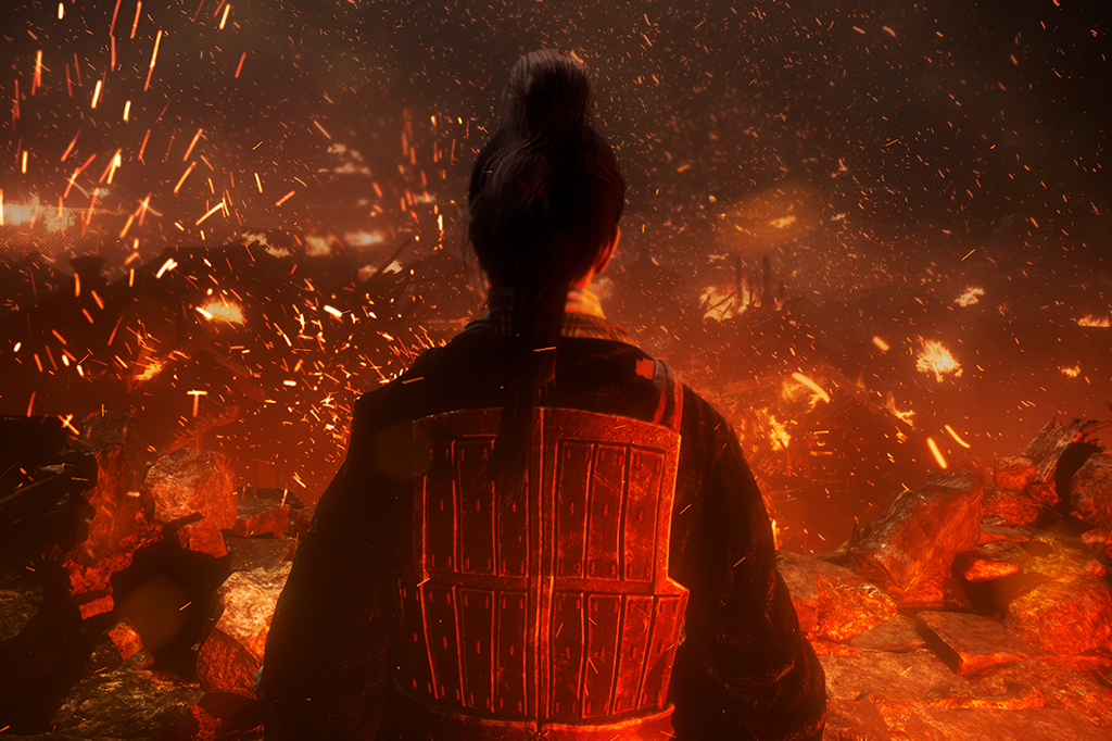 Cena do Jogo Wo Long: Fallen Dynasty mostrando um guerreiro chines de costas em um ambiente destru&iacute;do.