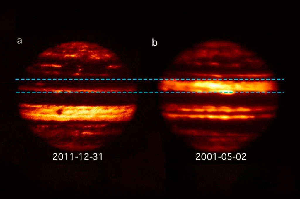 0523_radiação_layout_site Imagens de um telescópio infravermelho terrestre, mostrando Júpiter com radiação de comprimento de onda de 5 mícrons.