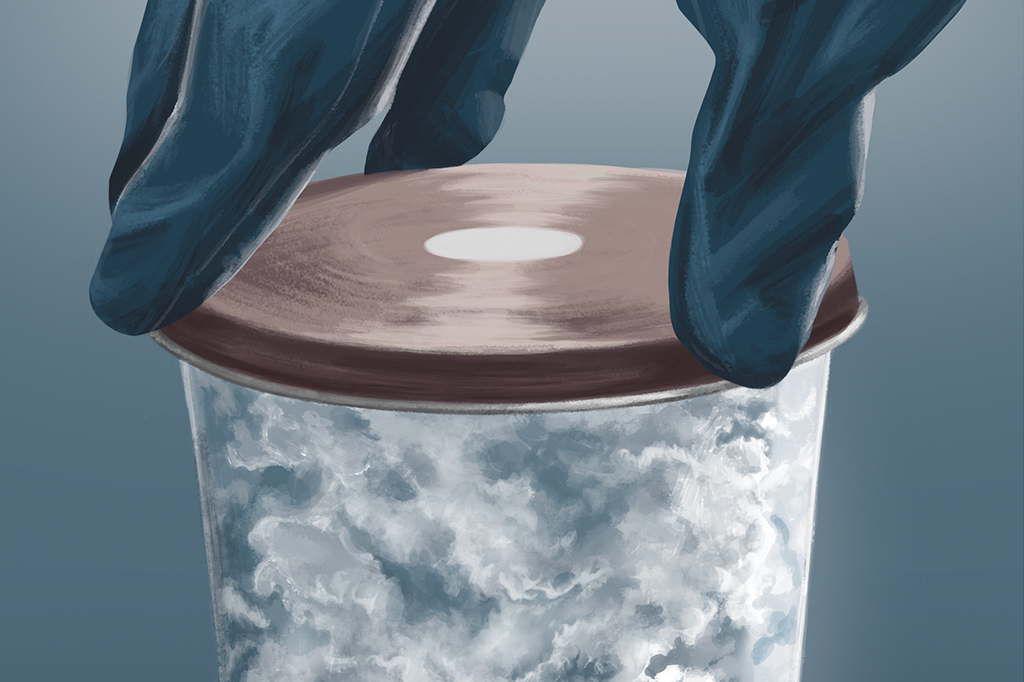 Ilustração de uma mão com luva segurando um copo fechado, preenchido com fumaça.