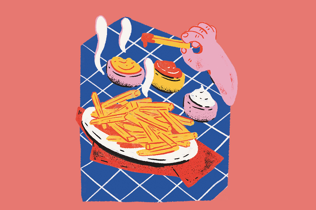 SI_451_ORCL_Manual2 Cena ilustrada de uma travessa de batatas fritas, com uma mãozinha pegando uma e mergulhando em potinhos de molhos.