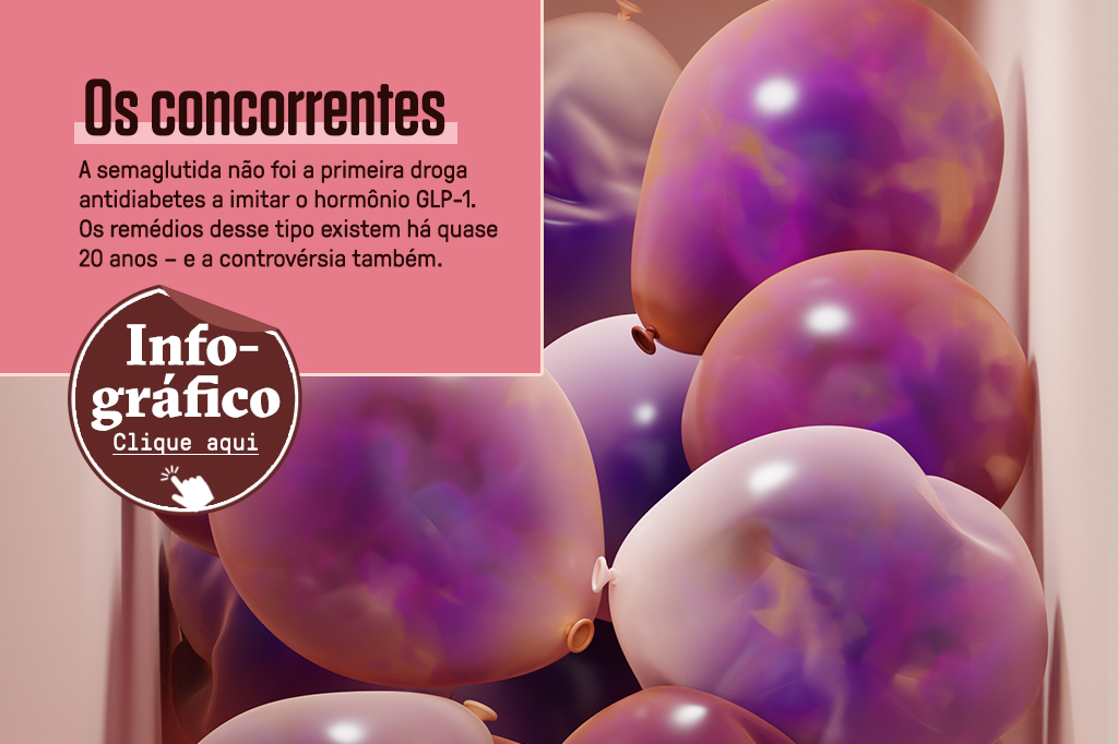 Imagem composta de uma ilustra&ccedil;&atilde;o 3D de diversos bal&otilde;es - alguns cheios e alguns deformados - com p&oacute; dentro deles, e um box de texto &ldquo;Os concorrentes&rdquo;, junto com um bot&atilde;o de &ldquo;Clique aqui&rdquo; que redireciona para o infogr&aacute;fico completo com uma linha do tempo de todos os concorrentes.