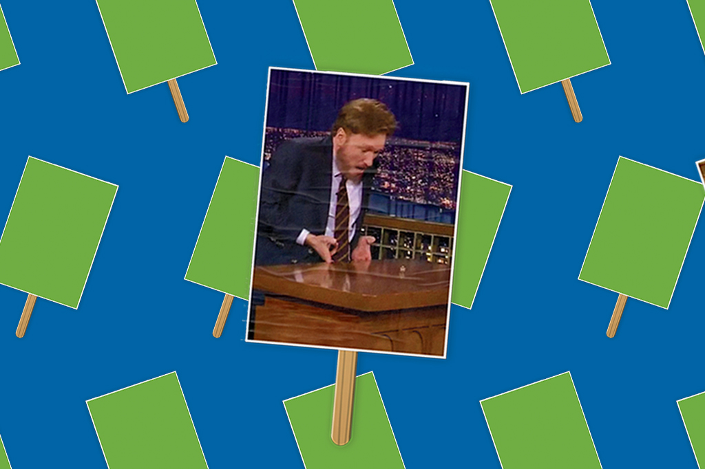 SI_451_playlist_abre_site2 Montagem com a foto do apresentador Conan O'Brien em um cartaz vetorizado.