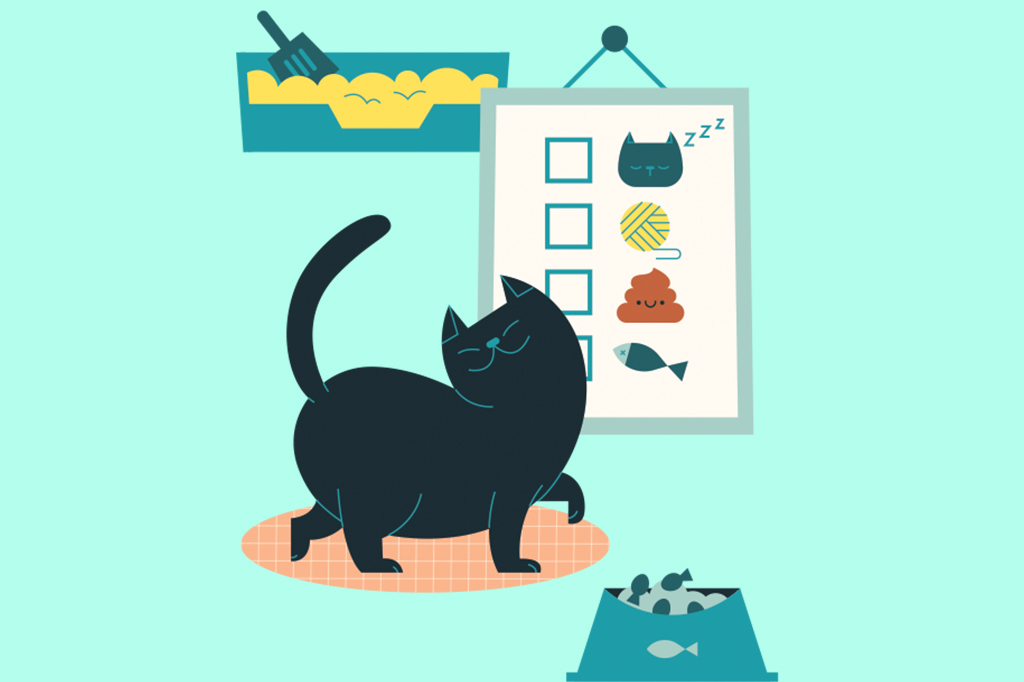 SI_452_manual2_site Ilustração de gatinho perto de um quadro com rotina de atividades.