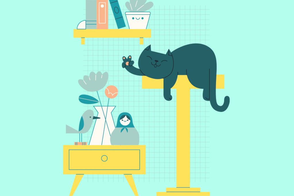 SI_452_manual3_site Ilustração de um gatinho feliz, deitado em um apoio no alto, ao lado de várias estantes com objetos nos seus devidos lugares.