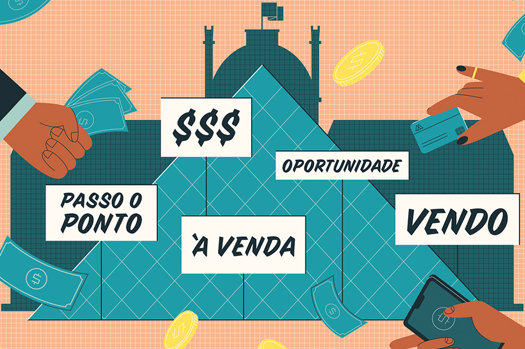 Ilustração do Museu do Louvre com várias placas anunciando sua venda e mãozinhas oferecendo notas de dinheiro e cartão, além de moedinhas voando nos ares.