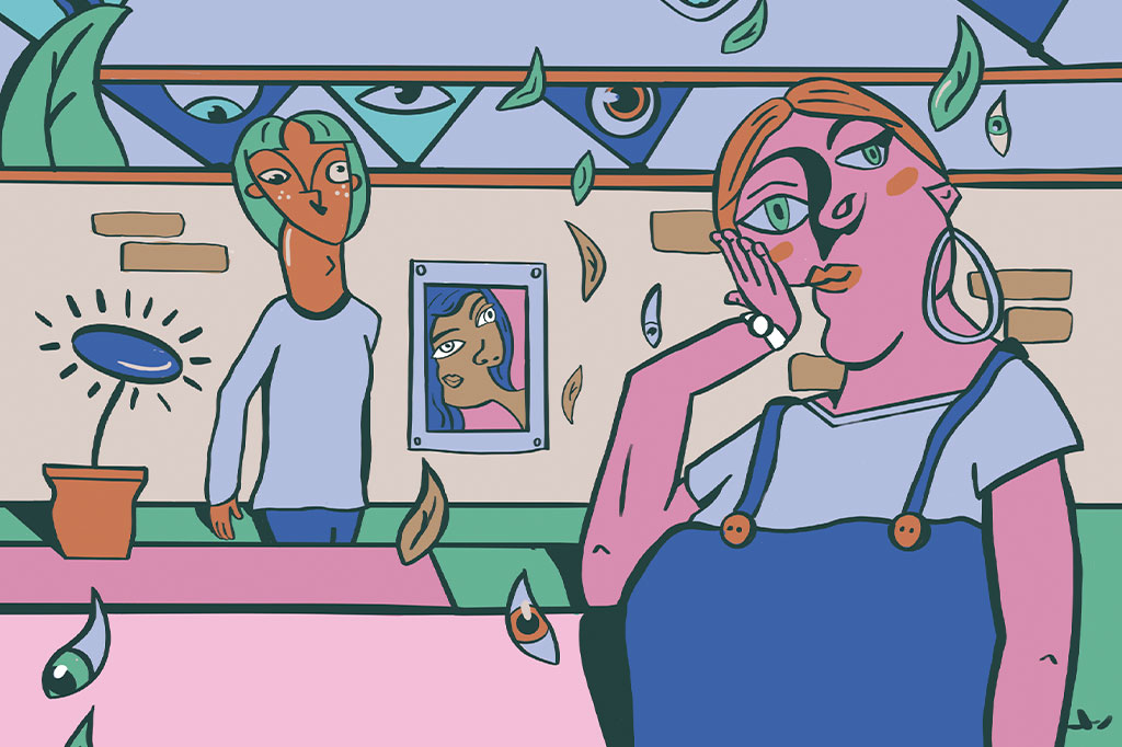 Ilustração de pessoas em um estilo geometrizado lembrando Picasso.