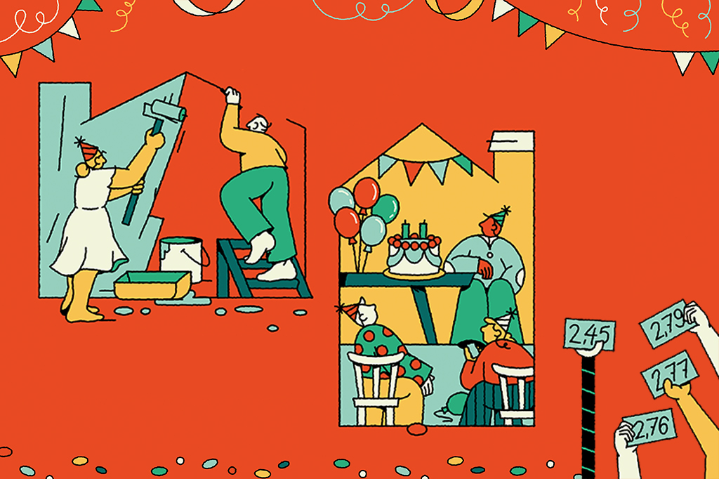 SI_454_gpt2_site Ilustração de uma pessoa ajudando o vizinho a pintar a casa e, na casa dela, um grupo de pessoas esperando em uma festinha de aniversário.