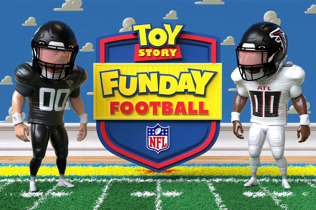 Imagem de bonecos jogadores de futebol americano no quarto de Toy Story.