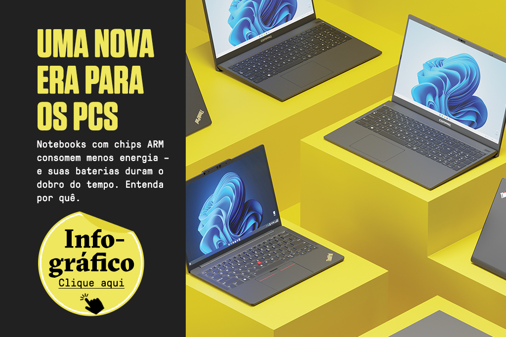 Ilustra&ccedil;&atilde;o 3D de diversos notebooks, com um box escrito &ldquo;Uma nova era para os PCs&rdquo; e um bot&atilde;o de &ldquo;Clique aqui&rdquo; que direciona para o infogr&aacute;fico completo.