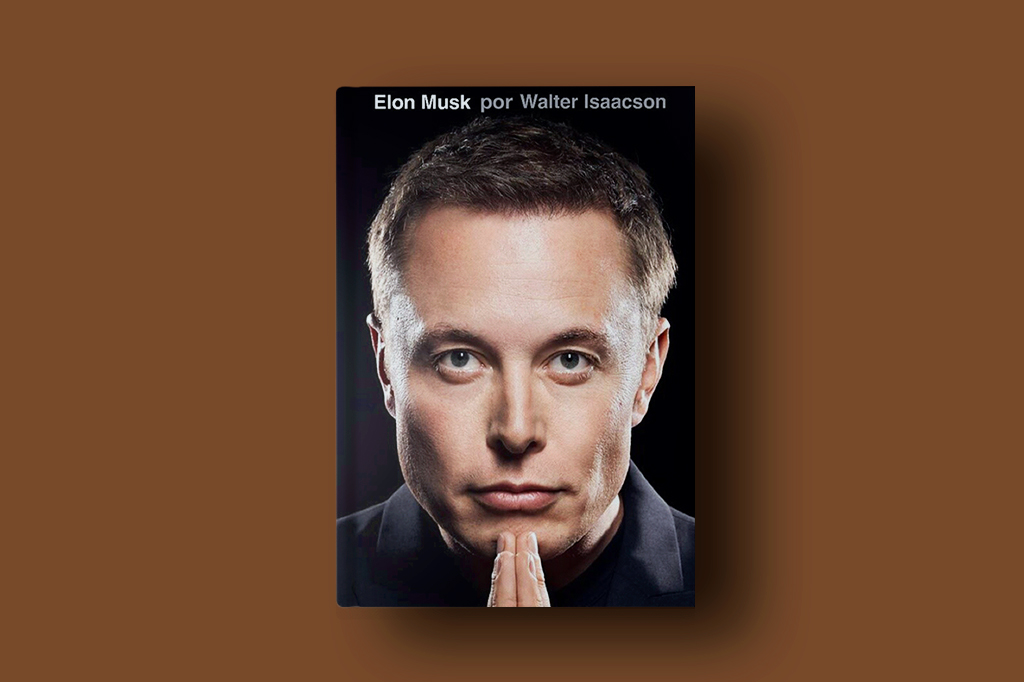 SI_455_Playlist_Elon_site Foto do livro biográfico de Elon Musk sob fundo marrom liso.