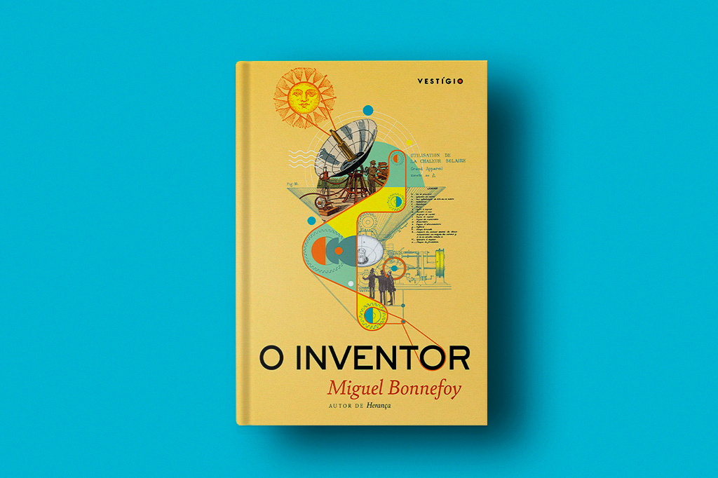 Foto do livro O Inventor Preta sobre fundo azul.