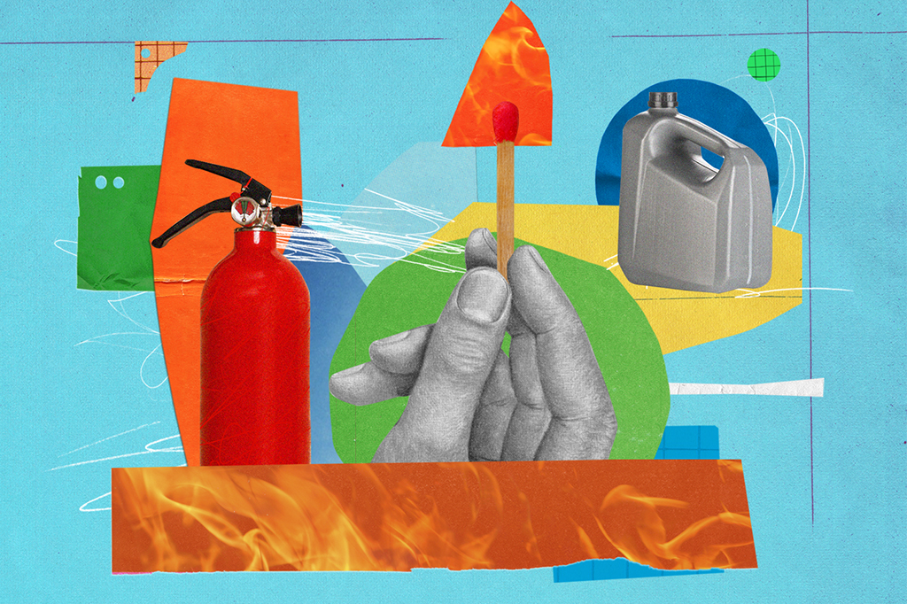 Colagem com uma mão segurando fósforo, um galão de gasolina, fogo e extintor.