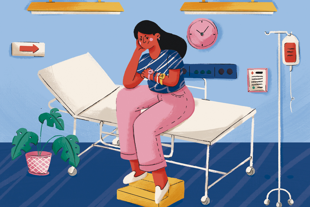 Ilustração de uma mulher sentada na maca, impaciente, olhando seus vários relógios de pulso.