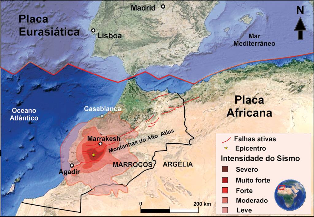 0812_Deriva2 Mapa de intensidade (danos ocasionados) do terremoto que atingiu o Marrocos em fevereiro de 2023.
