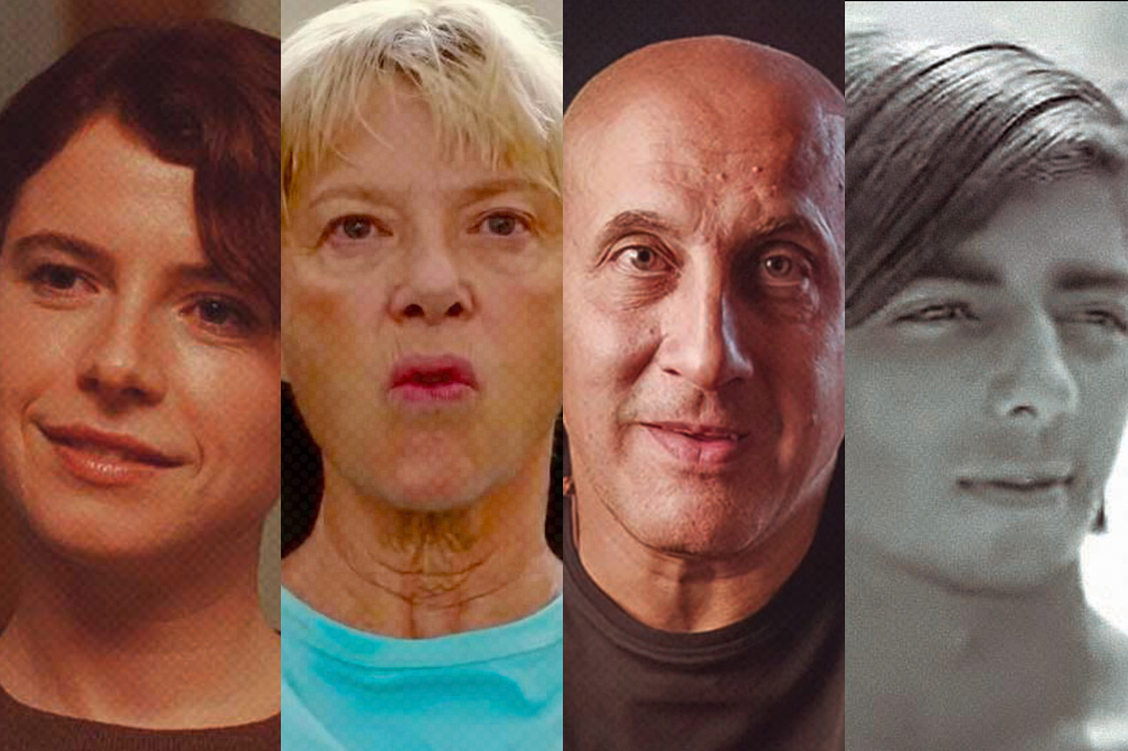 Montagem com cena dos filmes Fingernails (2023) e Nyad (2023), e dos documentários O Homem-Aranha de Paris (2023) e A Opinião Pública (1967).