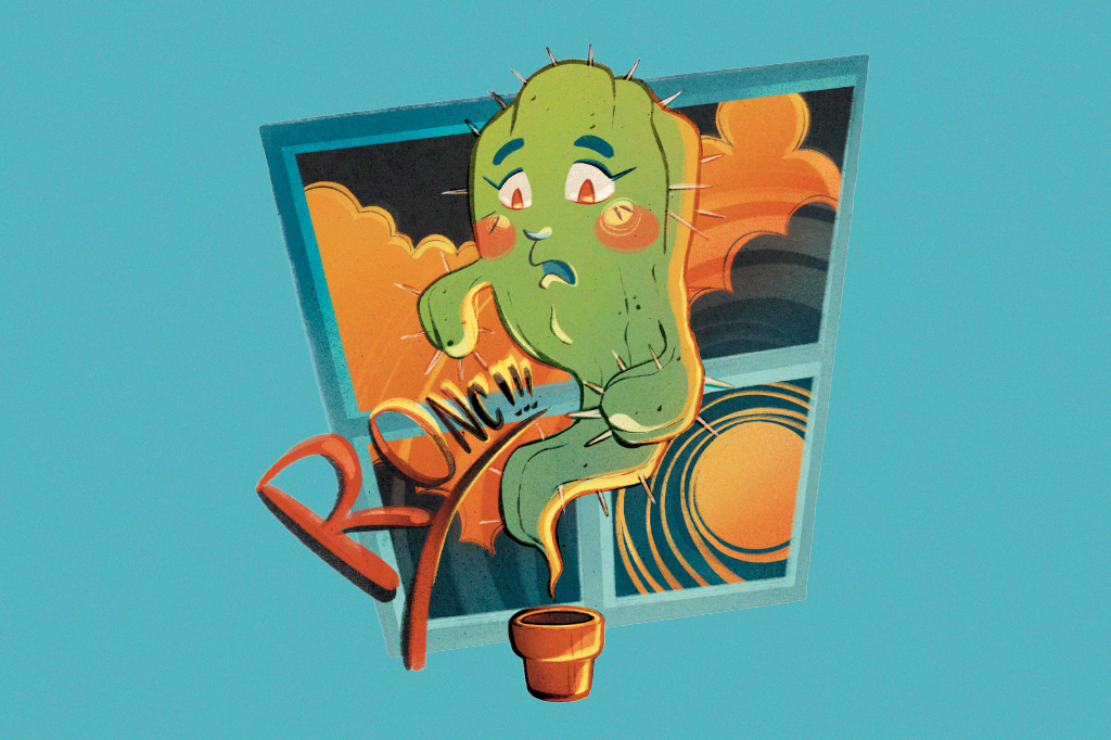 Ilustração de um cacto em frente a janela com um onomatopeia de fome.