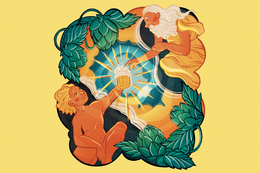 Releitura do quadro A Criação de Adão com o personagem inferior segurando um copo de cerveja.