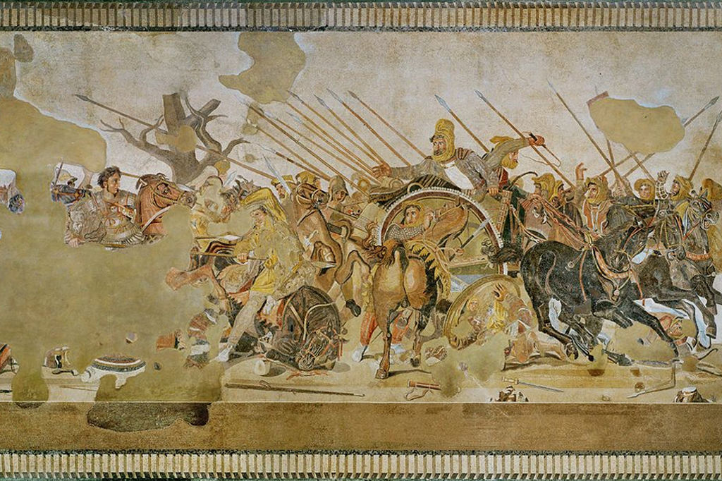 O Mosaico de Alexandre exposto no Museu Arqueológico Nacional de Nápoles, preservado em uma parede na posição vertical.