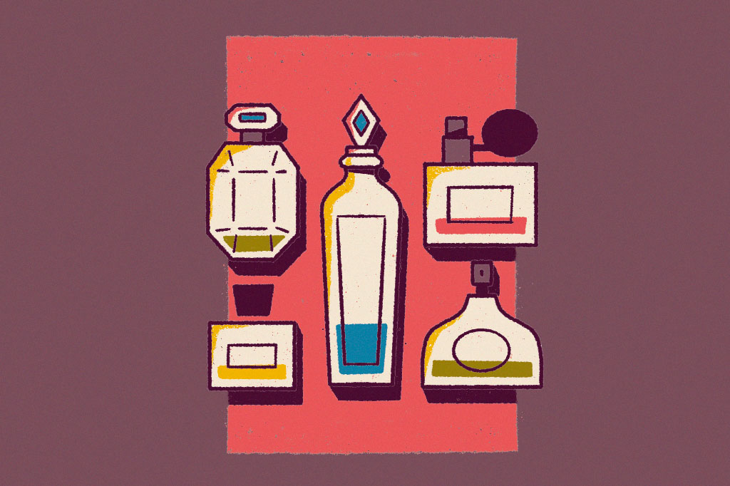 Ilustra&ccedil;&atilde;o de v&aacute;rios frascos de perfume.