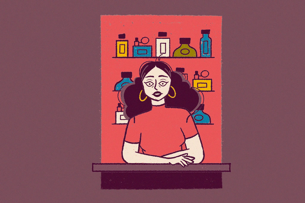 Ilustra&ccedil;&atilde;o de uma mulher zonza no meio de tantos perfumes.