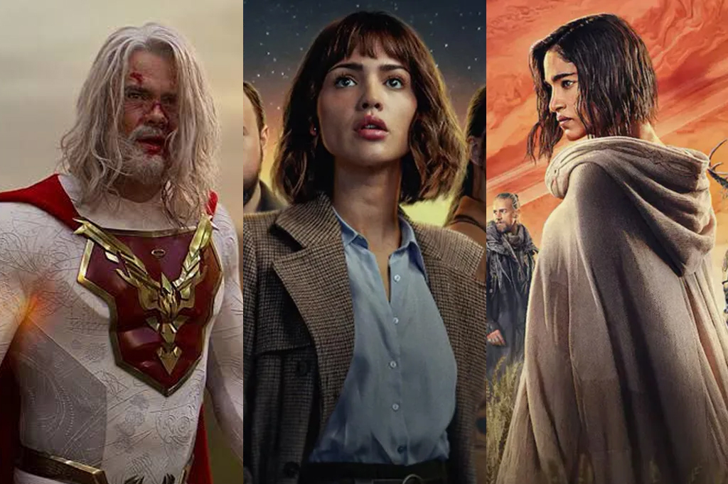 Da esquerda à direita: "O Legado de Jupiter" (2021), "O Problema dos Três Corpos" (2024) e "Rebel Moon" (2023).