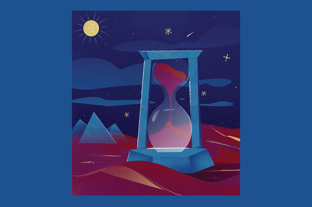 Ilustração de uma ampulheta gigante ao lado das pirâmides de Gizé.