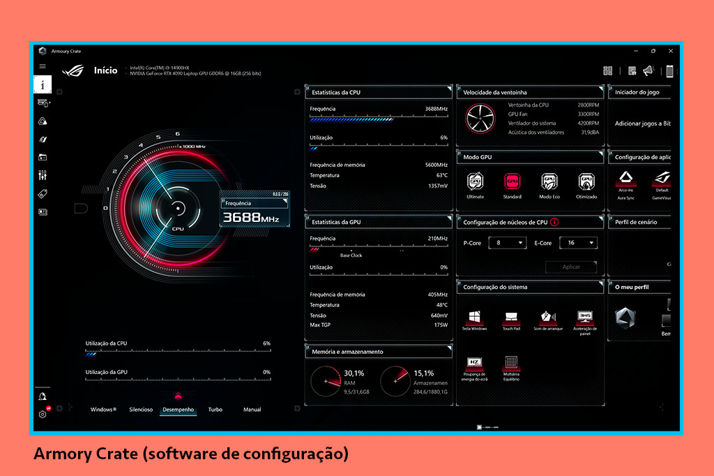 Imagem do Armory Crate (software de&nbsp;configura&ccedil;&atilde;o) do notebook ROG Strix Scar 18.