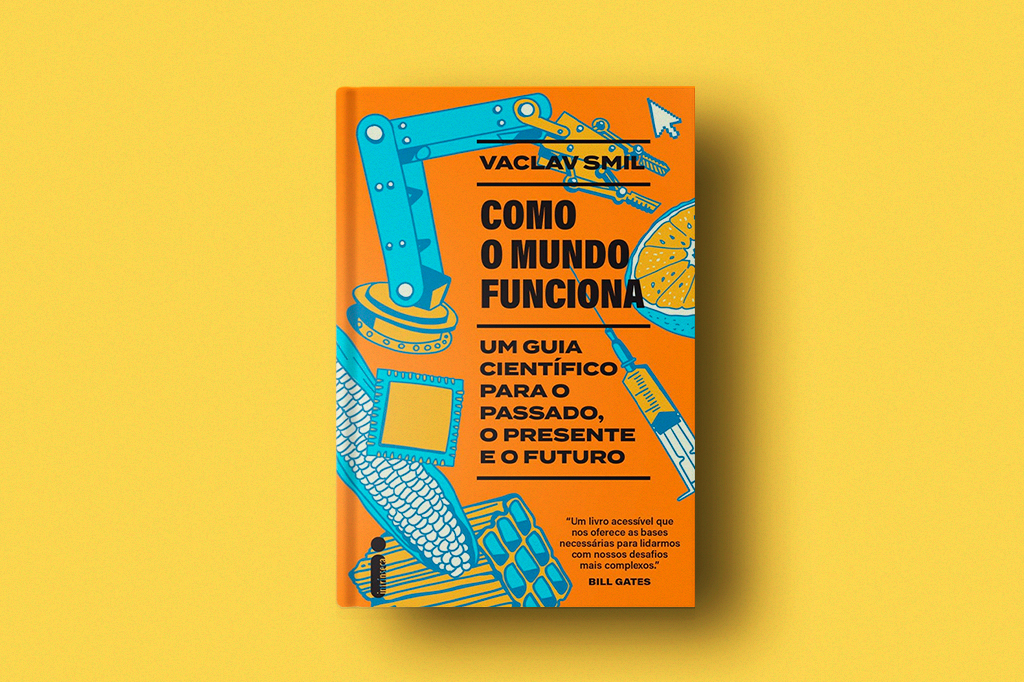 SI_464_Playlist_como_mundo_funciona_layout_site Imagem do livro Como o mundo funciona: Um guia científico para o passado, o presente e o futuro em fundo amarelo.