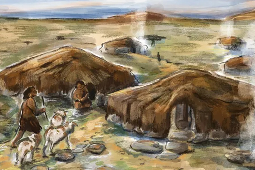 Uma ilustração que mostra como seriam as estruturas há 7.000 anos.