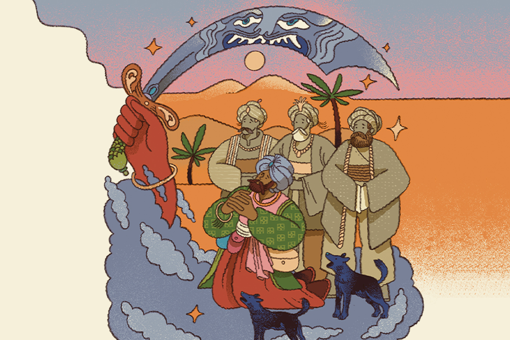 SI_465_Folclore-arabe-5-Mercador Ilustração da história d'O Mercador e o Gênio. Na cena, vemos o mercador e os anciãos no oásis, sendo intimidados pelo gênio.