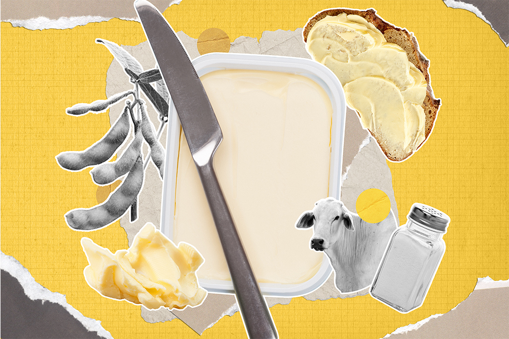 Colagem com um pote de margarina com uma faca em cima, soja, boi, sal e pão com margarina, com retalhos de papéis entorno.
