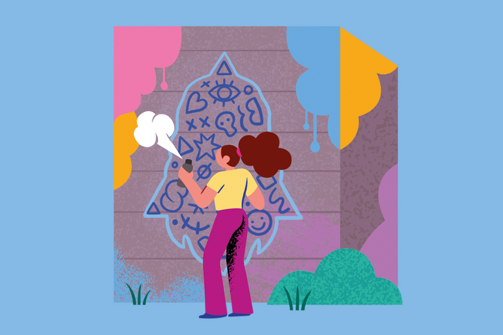 Ilustra&ccedil;&atilde;o de uma menina grafitando no muro.