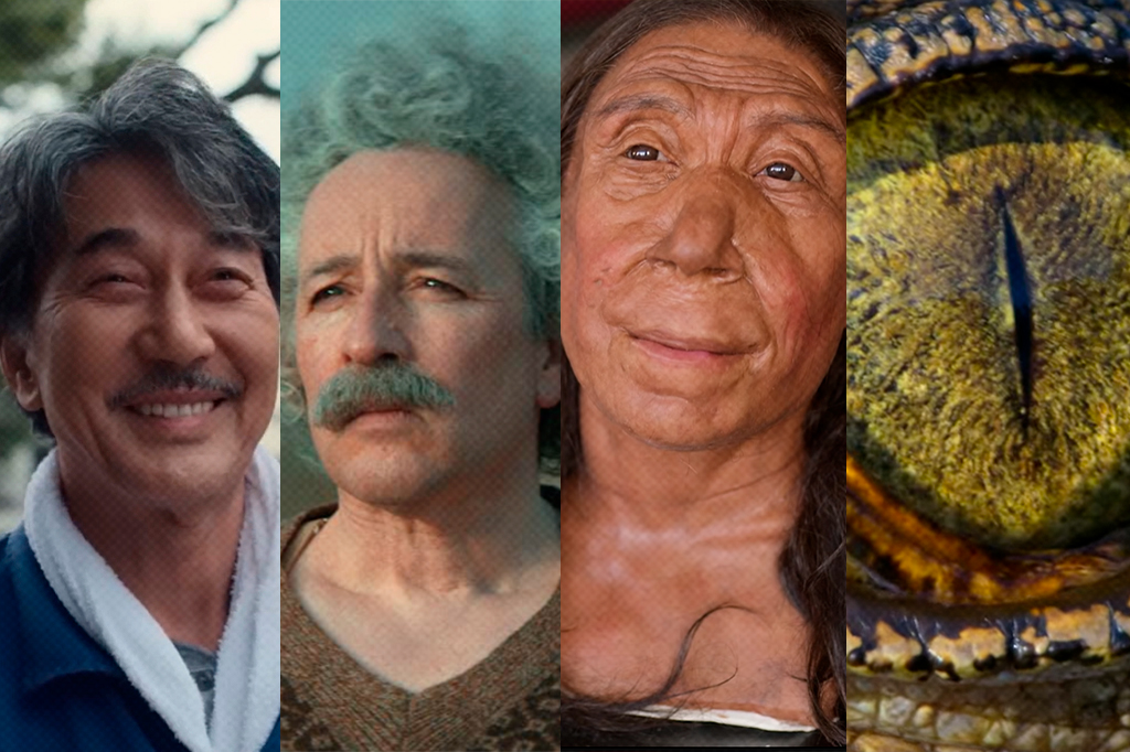 Montagem com cenas dos filmes Dias Perfeitos (2023); Einstein e a Bomba (2024); e documentários Os Segredos dos Neandertais (2024); Sons do Planeta (2024).